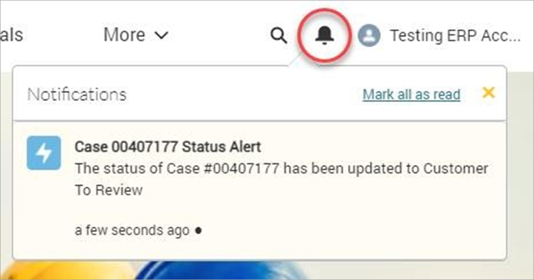 Screenshot of a notification in the Support Portal