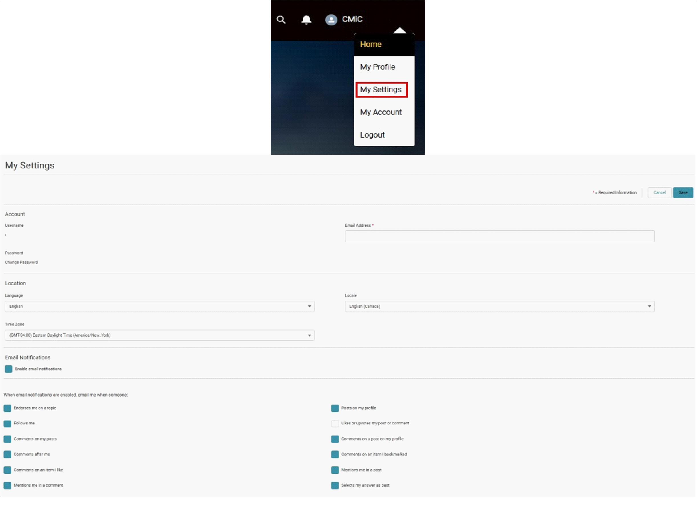Screenshot of the My Settings screen