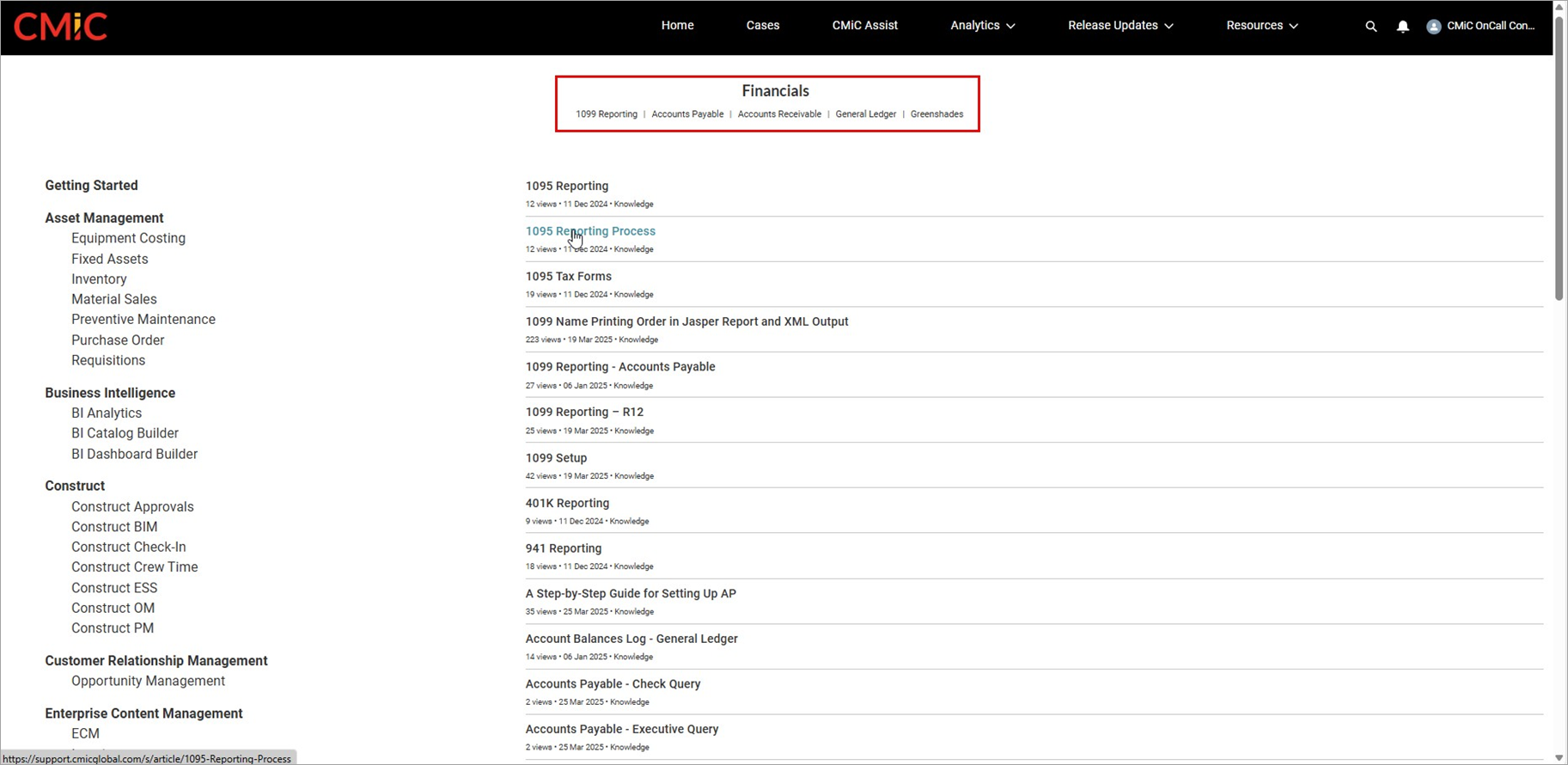 Screenshot of the Financials section
