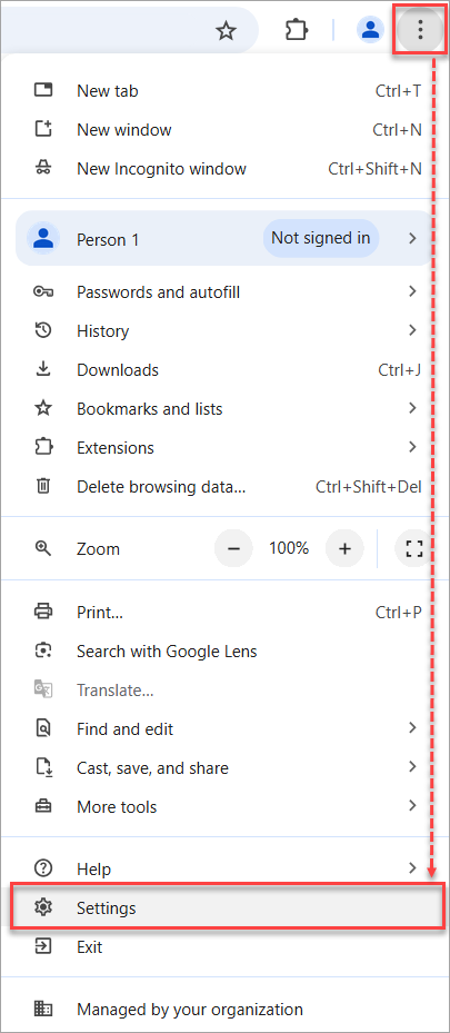 Google Chrome Settings drop-down menu