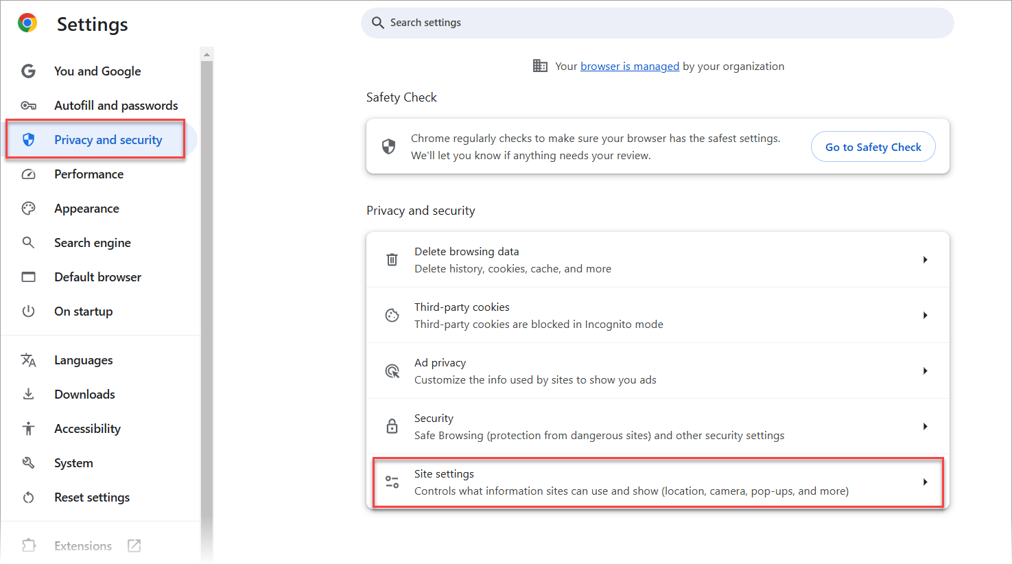 Privacy and Security settings in Google Chrome