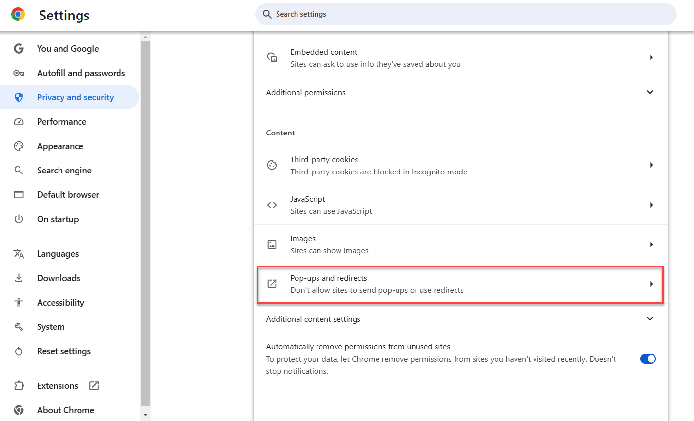 In Site Settings, click on the Pop-ups and redirects option
