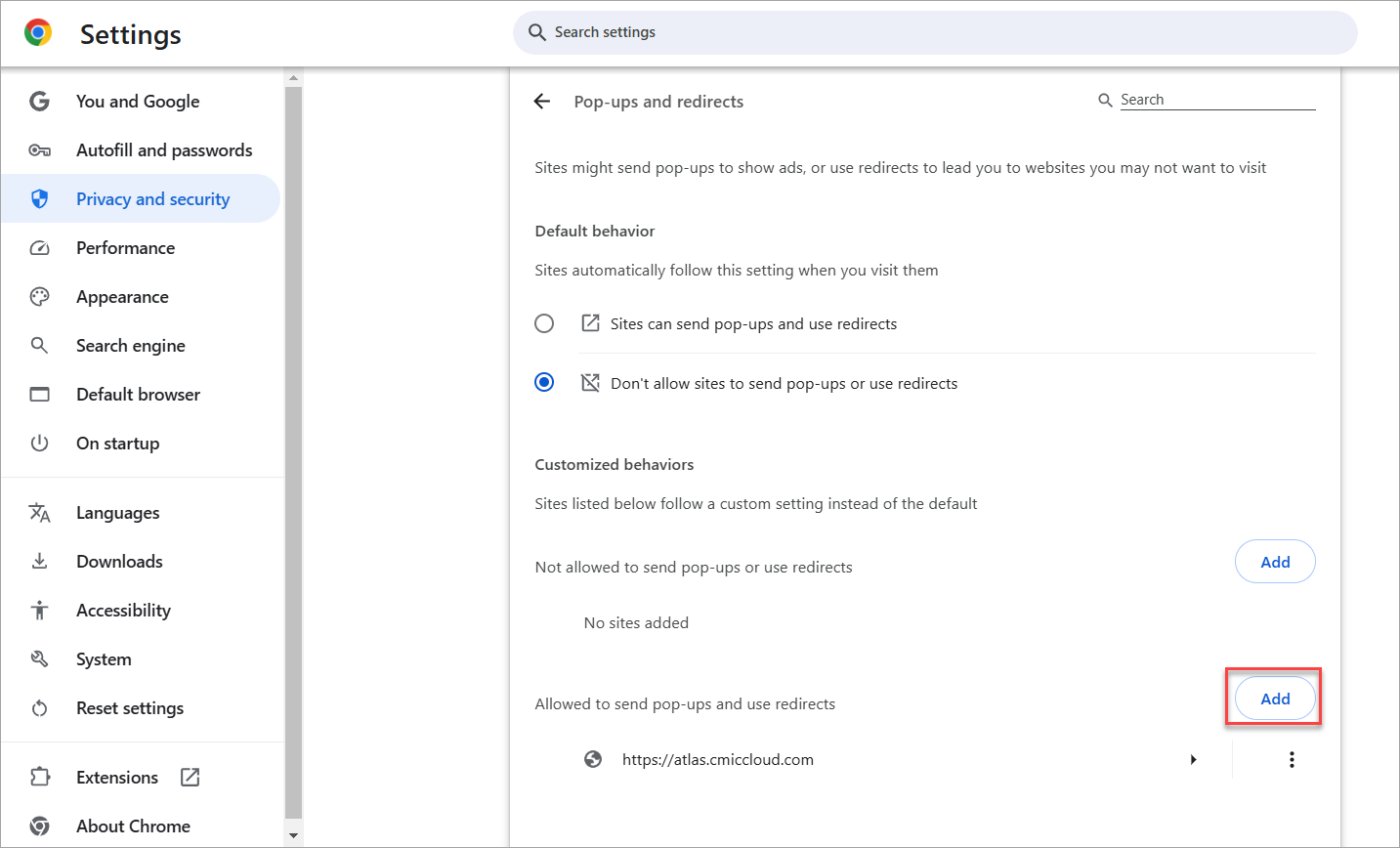 The [Add] button under the Allowed to send pop-ups and use redirects section