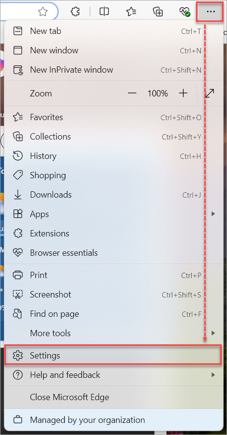 Settings option on the drop-down menu