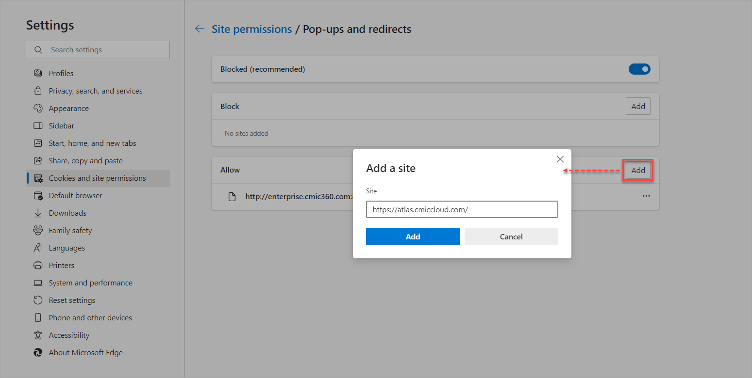 Sample of adding a site in the Pop-ups and Redirects screen