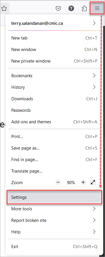 Sample of the Settings option on the drop-down menu