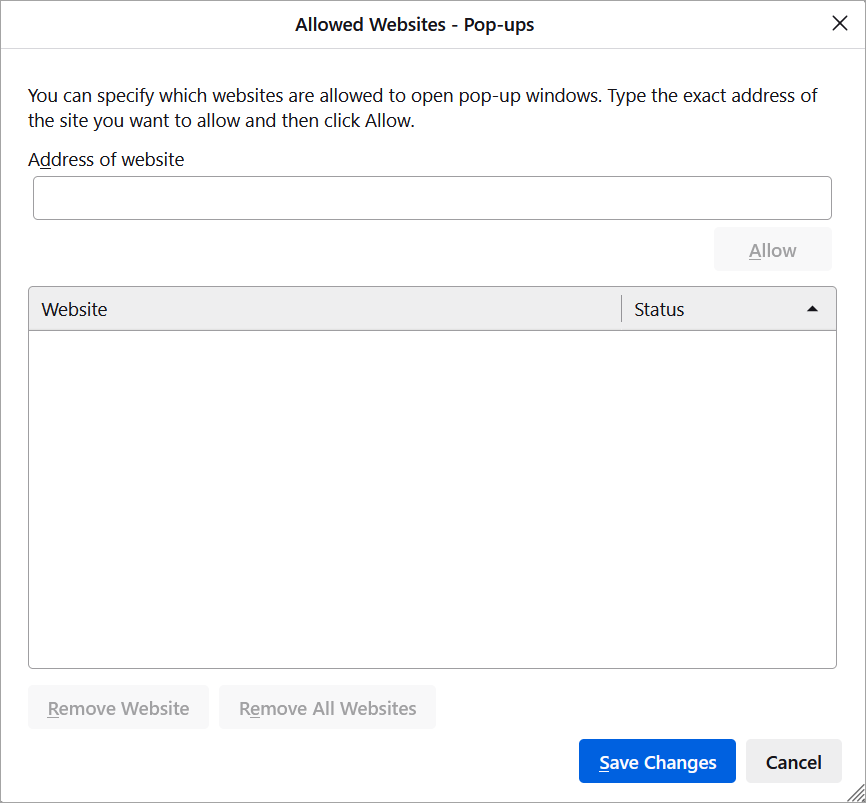 Sample of the Allowed Websites - Pop Ups window