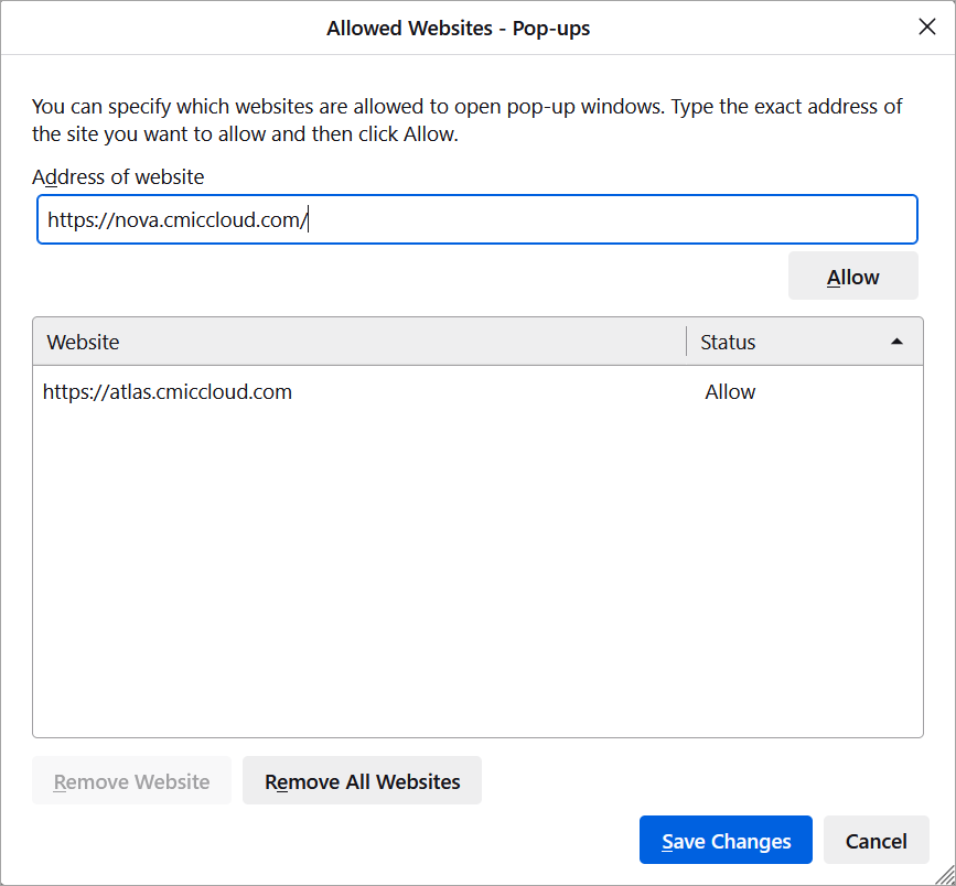 Sample of adding a site to the Allowed Websites - Pop-ups window