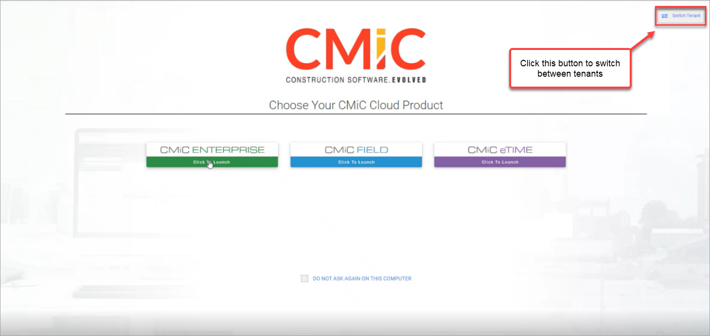 Application Selector screen highlighting the Switch Tenant button