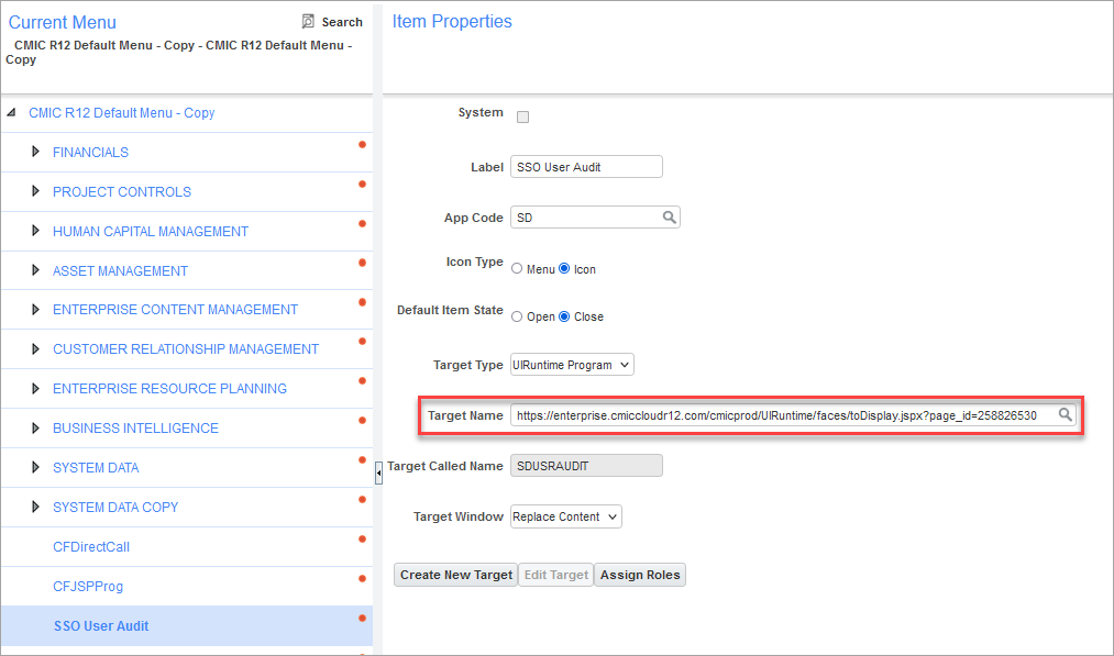 Screenshot of adding User Audit screen by adding a URL in the Target Name field.