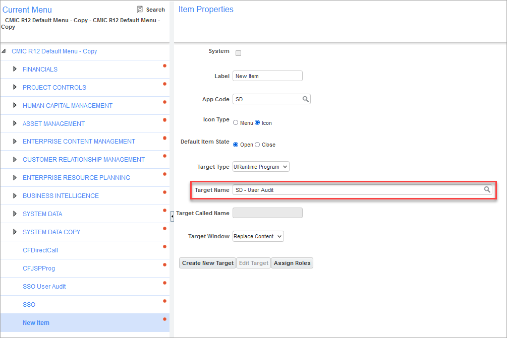 Screenshot of adding User Audit screen by selecting the screen in the Target Name field's LOV.