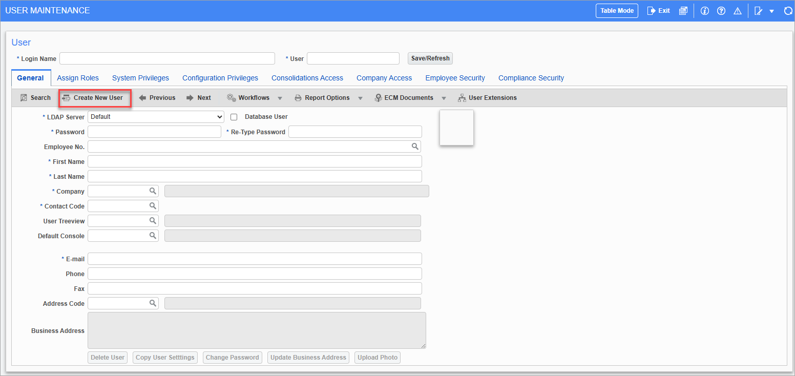 Screenshot of User Maintenance with [Create New User] highlighted.