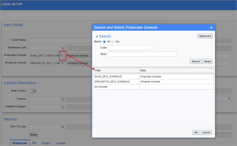 Screenshot of Financials Console pop-up.