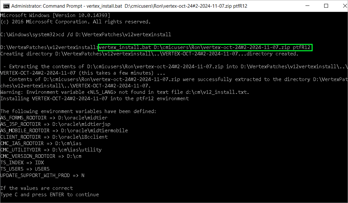 Screenshot of installing Vertex updates.