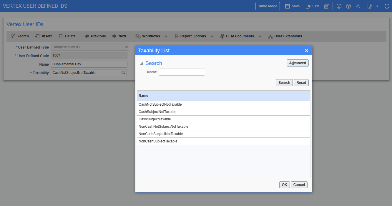 Screenshot of Taxability List pop-up.