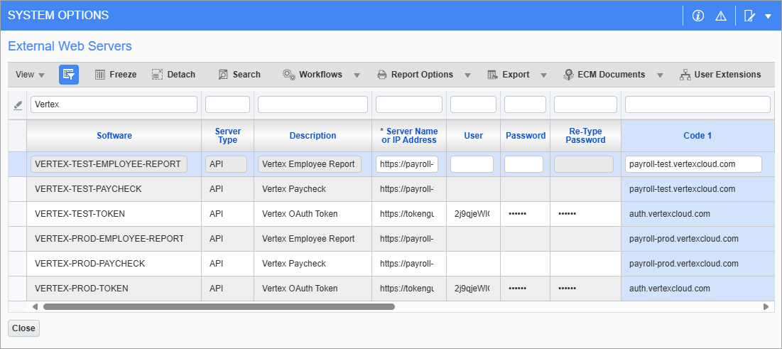Screenshot of External Web Servers pop-up.