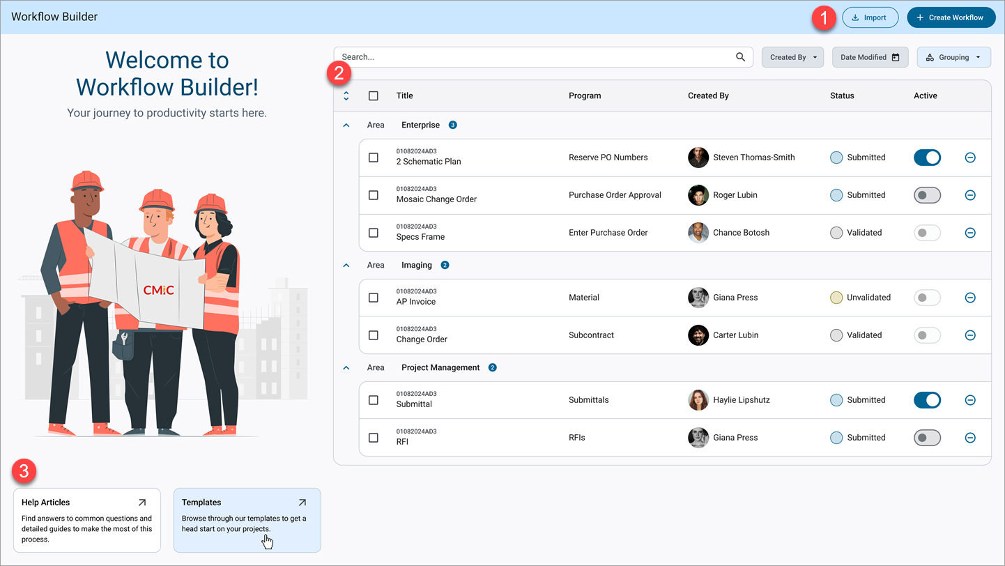 Sample of the Main Landing Page for Workflow Builder