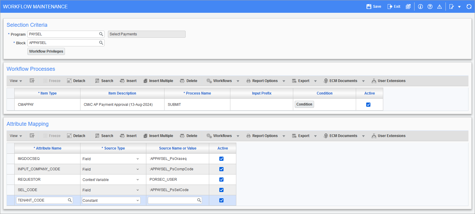Sample of the Saas setup on the Screen-Based Launch Workflow Maintenance screen