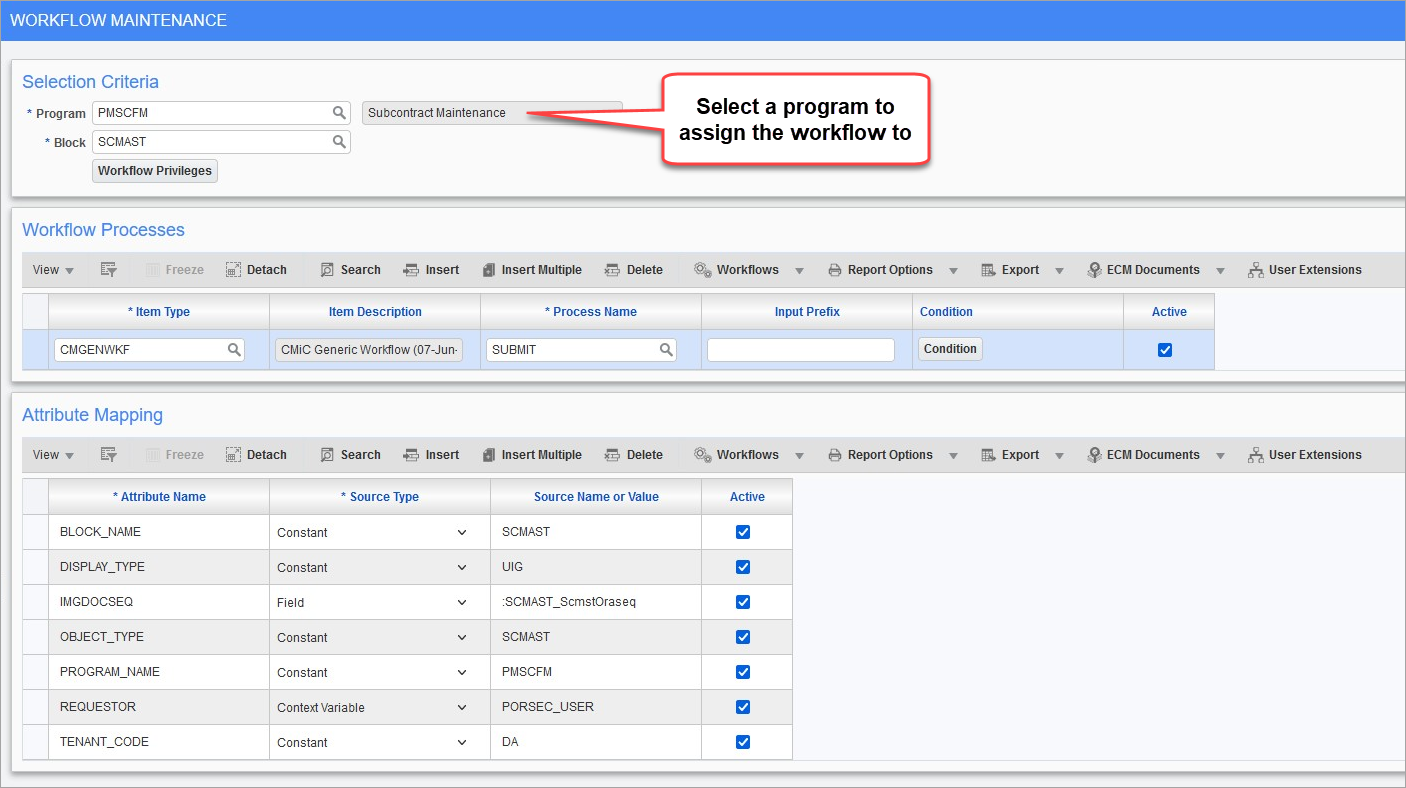 Select a program in the Workflow Maintenance screen