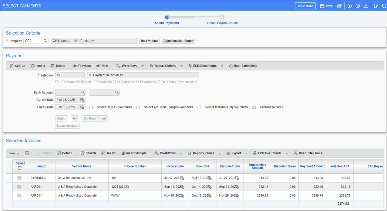 Sample of the Select Payments screen locking after the Workflow process has started