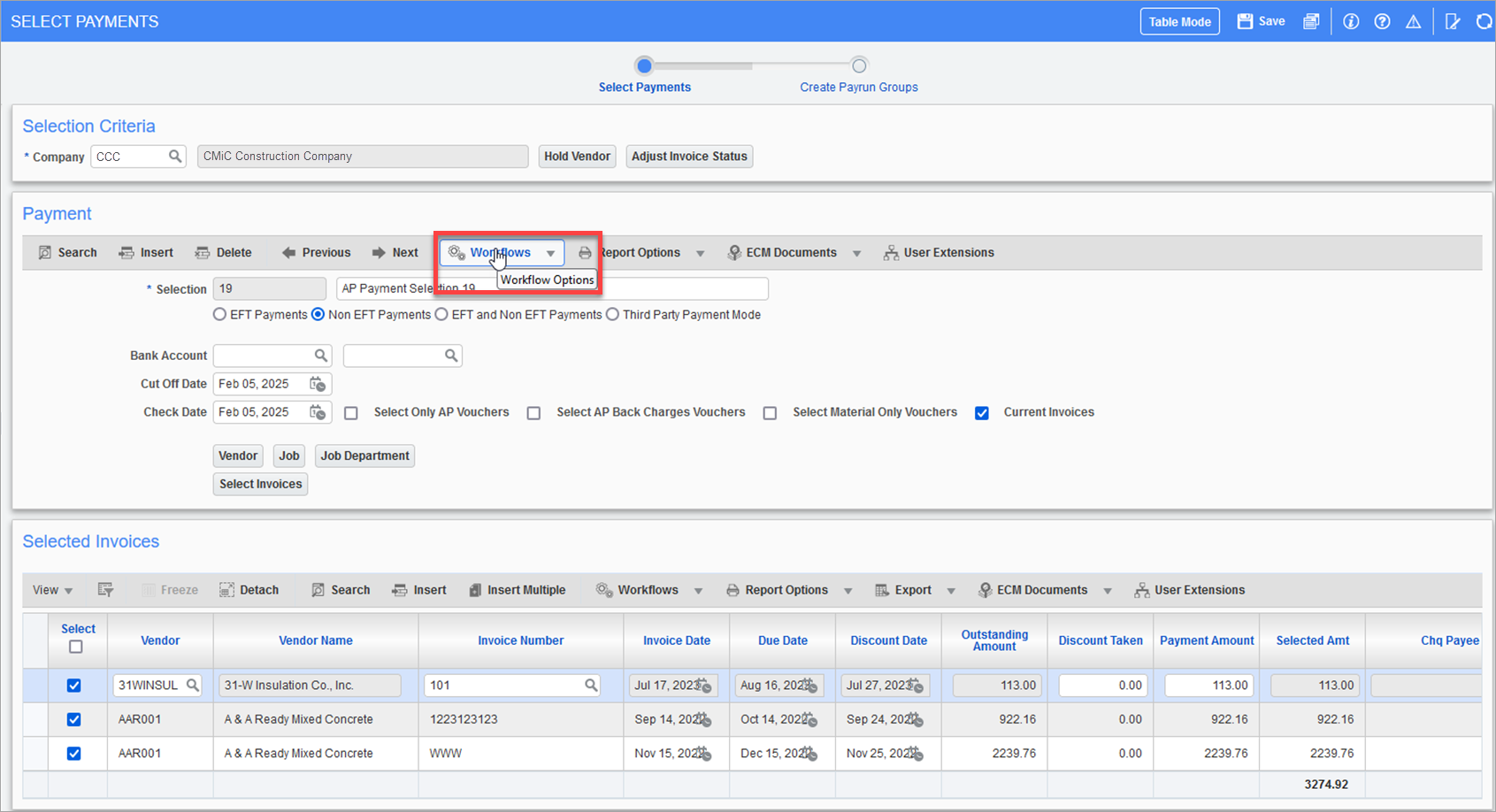 The Workflows button on the Select Payments screen