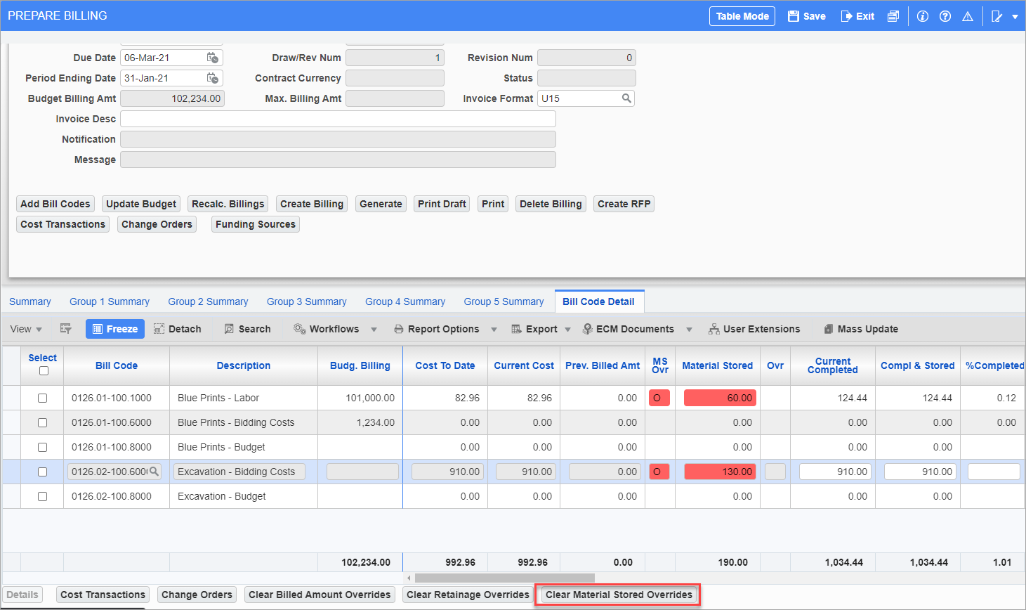 G/C Prepare Billing (General Contractor Prepare Billing) – Screen