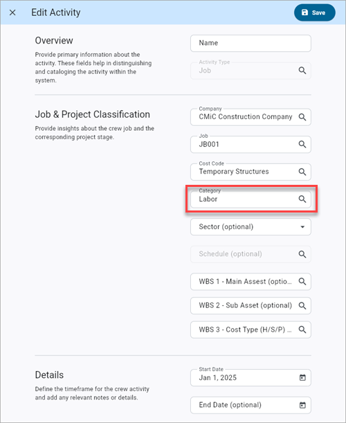 Construct CT - Assigning Default Categories