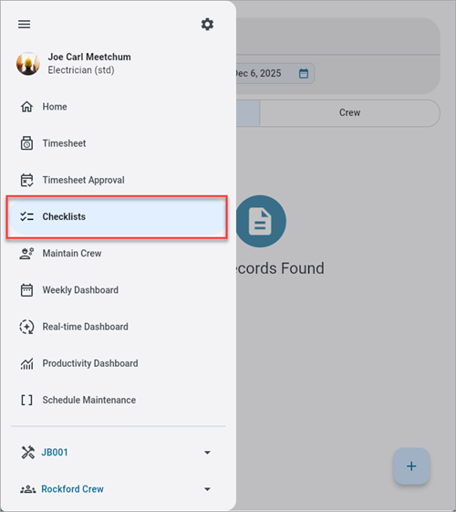 Screenshot of menu with Checklists highlighted.