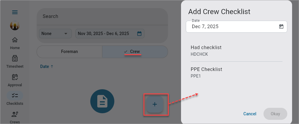 Screenshot of Add checklist on Crew tab.