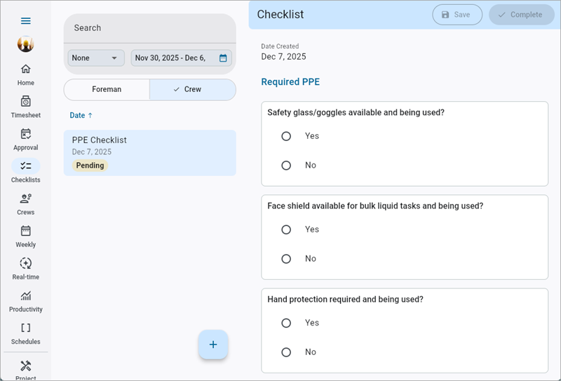 Screenshot of Crew Checklist.