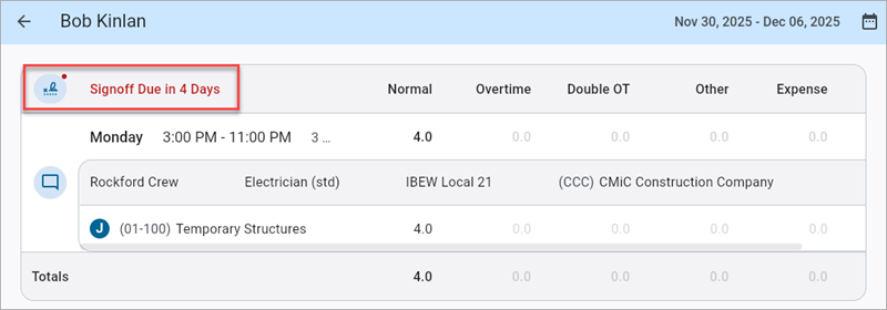 Screenshot of employee timsheet with checklist required.