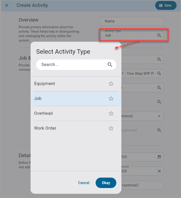 Screenshot of Select Activity Type pop-up.