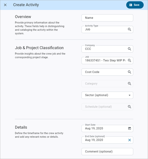 Screenshot of Create Activity for Job type.