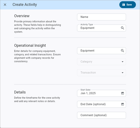 Screenshot of Create Activity for Equipment type.