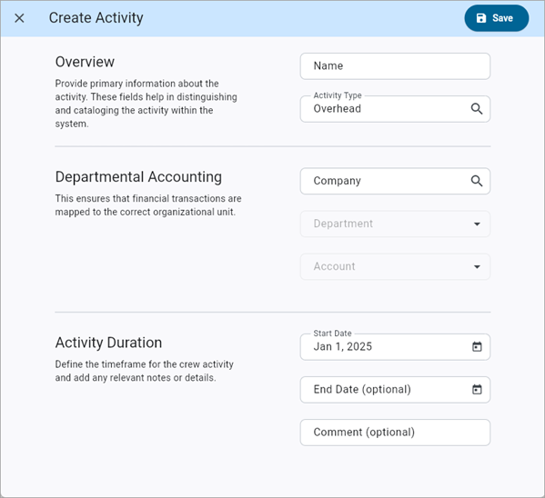 Screenshot of Create Activity for Overhead type.