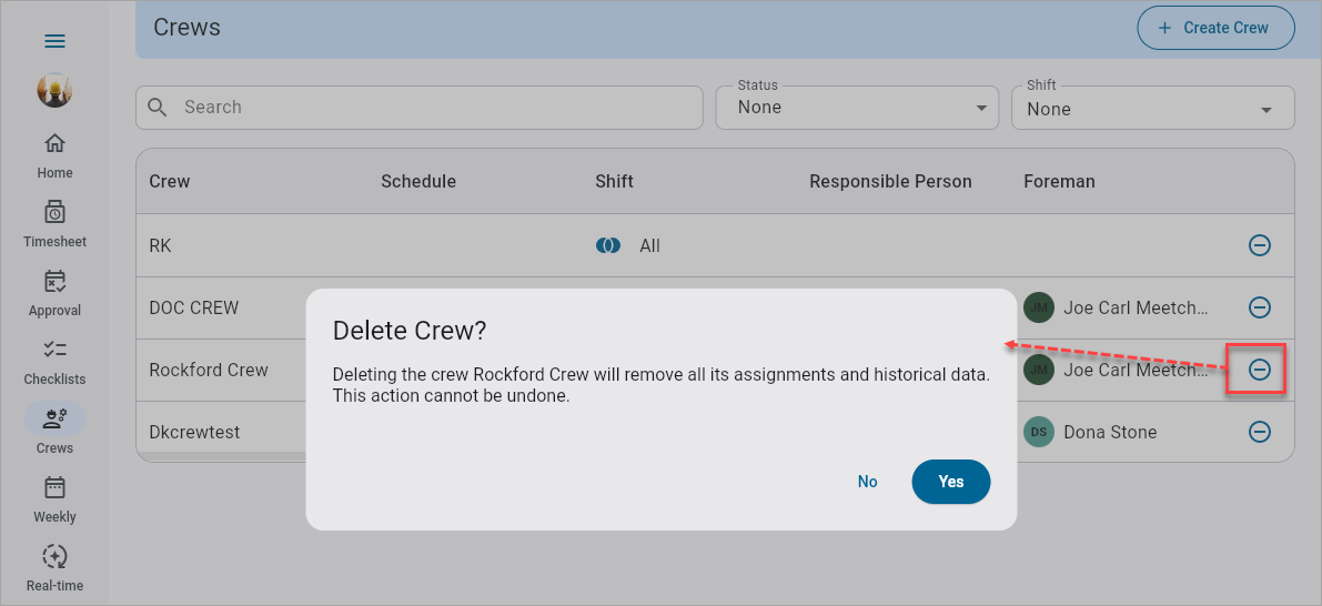 Screenshot of Delete Crew pop-up.