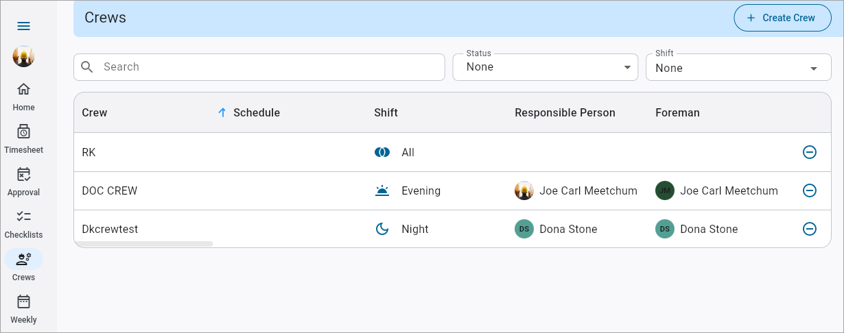 Screenshot of Crew Maintenance.