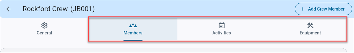 Screenshot of tabs on Crews screen.