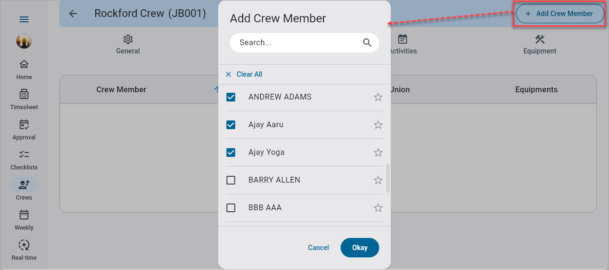 Screenshot of Add Crew Member pop-up.