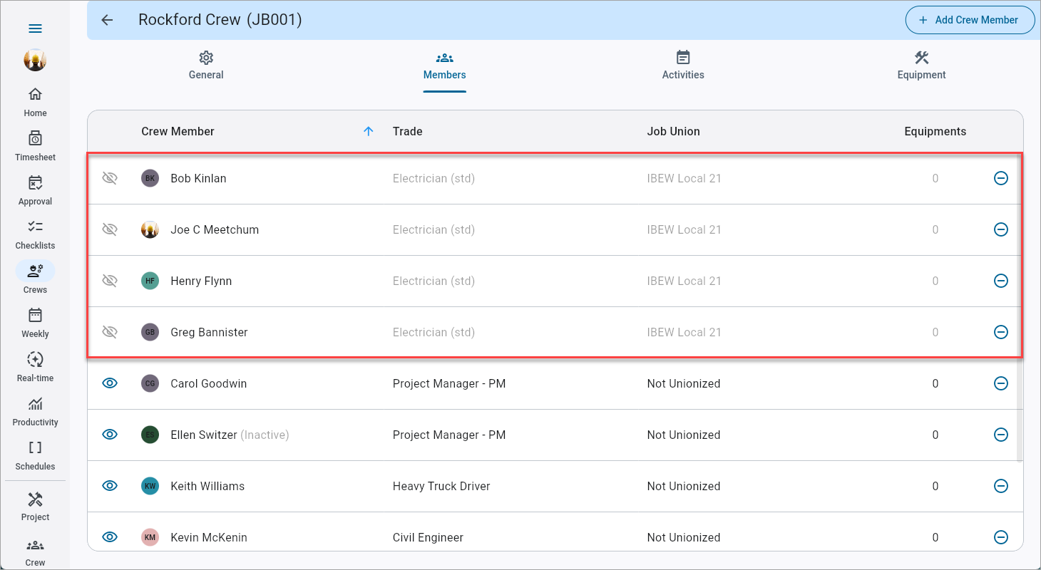 Screenshot of Crew Maintenance screen with four crew member records set to unavailable.