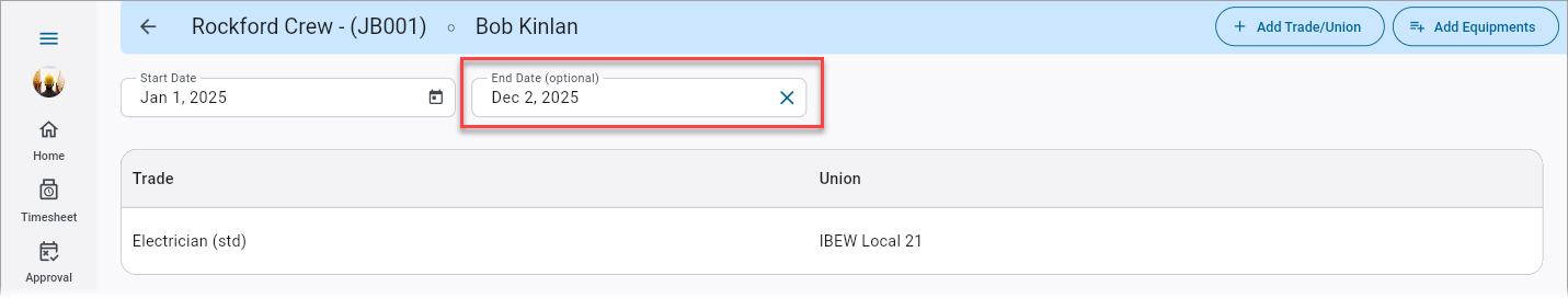 Screenshot of Crew Maintenance record with End Date field populated and highlighted.