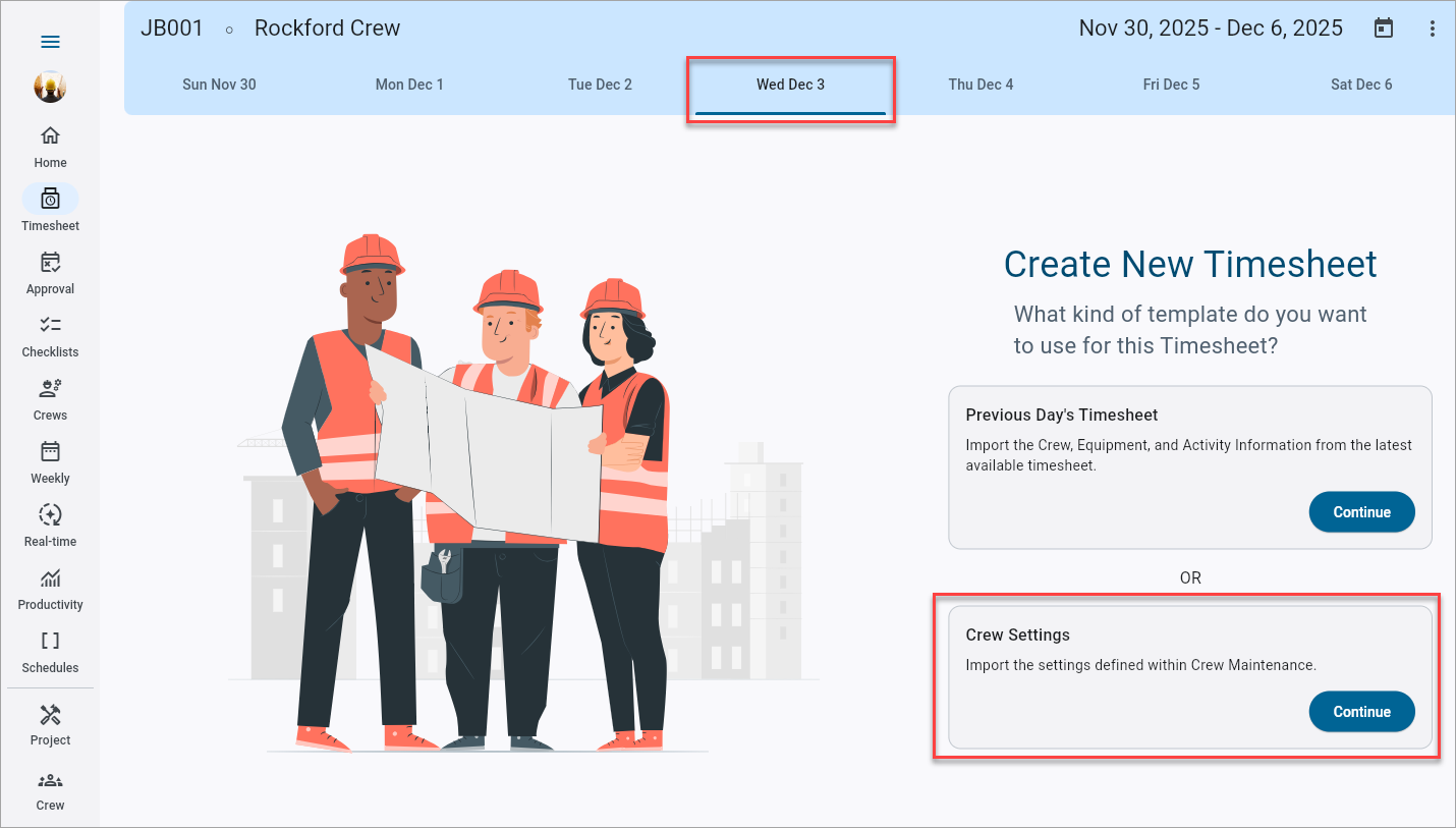 Screenshot of Crew Maintenance generating template for the following day in Crew Timesheet.