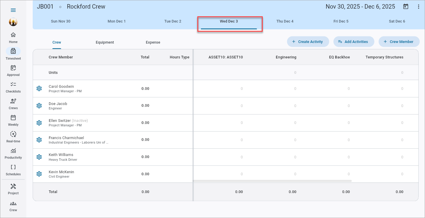 Screenshot of Crew Timesheet screen not showing any unavailable employees. 