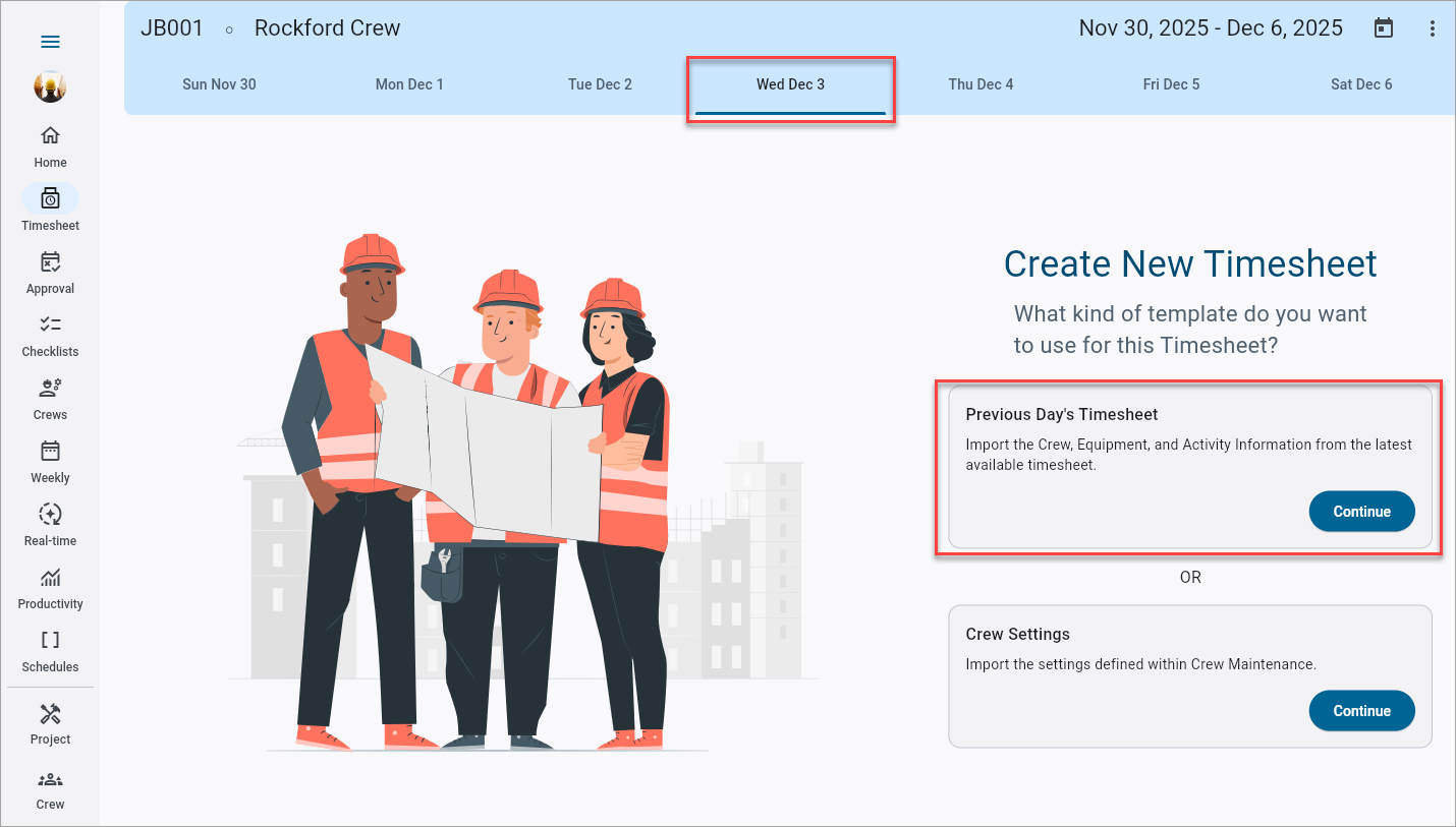 Screenshot of Crew Maintenance screen generating timesheet template for the previous day.