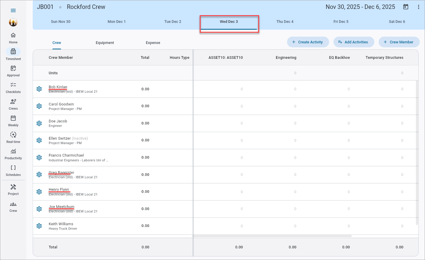 Screenshot of Crew Maintenance screen showing available crew members.