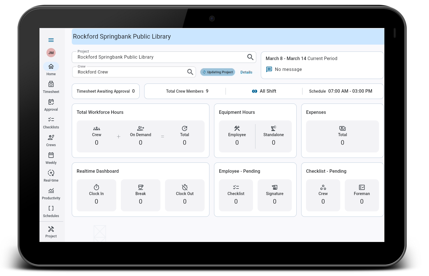 Screenshot of tablet with Construct CT - Home Dashboard.