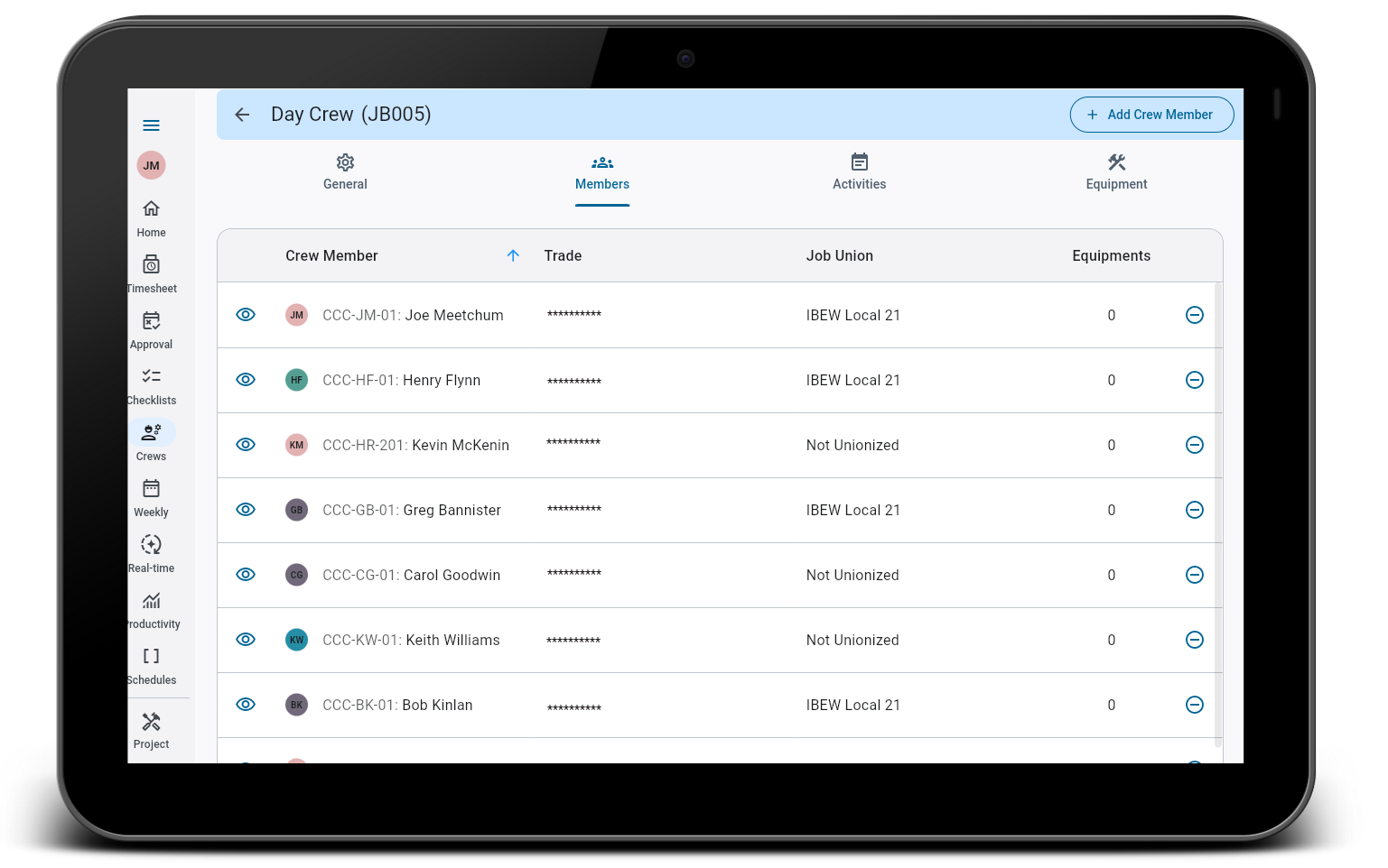 Screenshot of tablet with Construct CT - Crews.