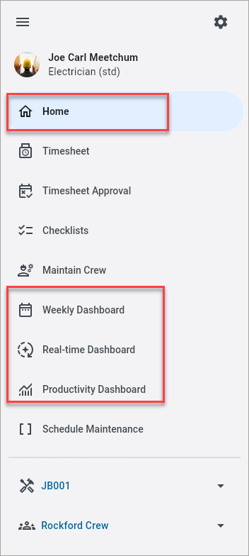 Screenshot of menu with dashboards highlighted.