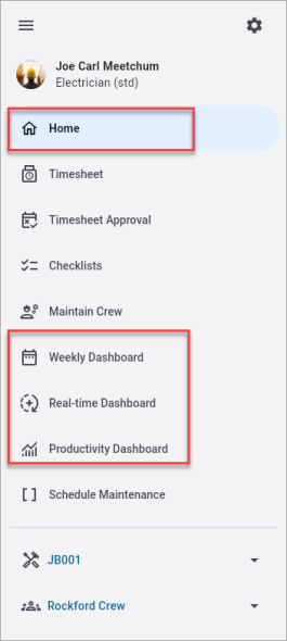 Screenshot of menu with dashboards highlighted.
