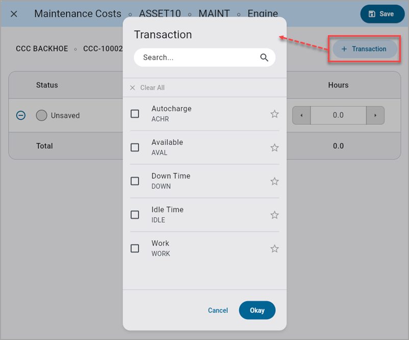 Screenshot of Transaction pop-up.